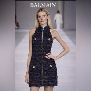 New Balmain Navy Tweed Halter Mini Dress with Gold Zipper 40/8